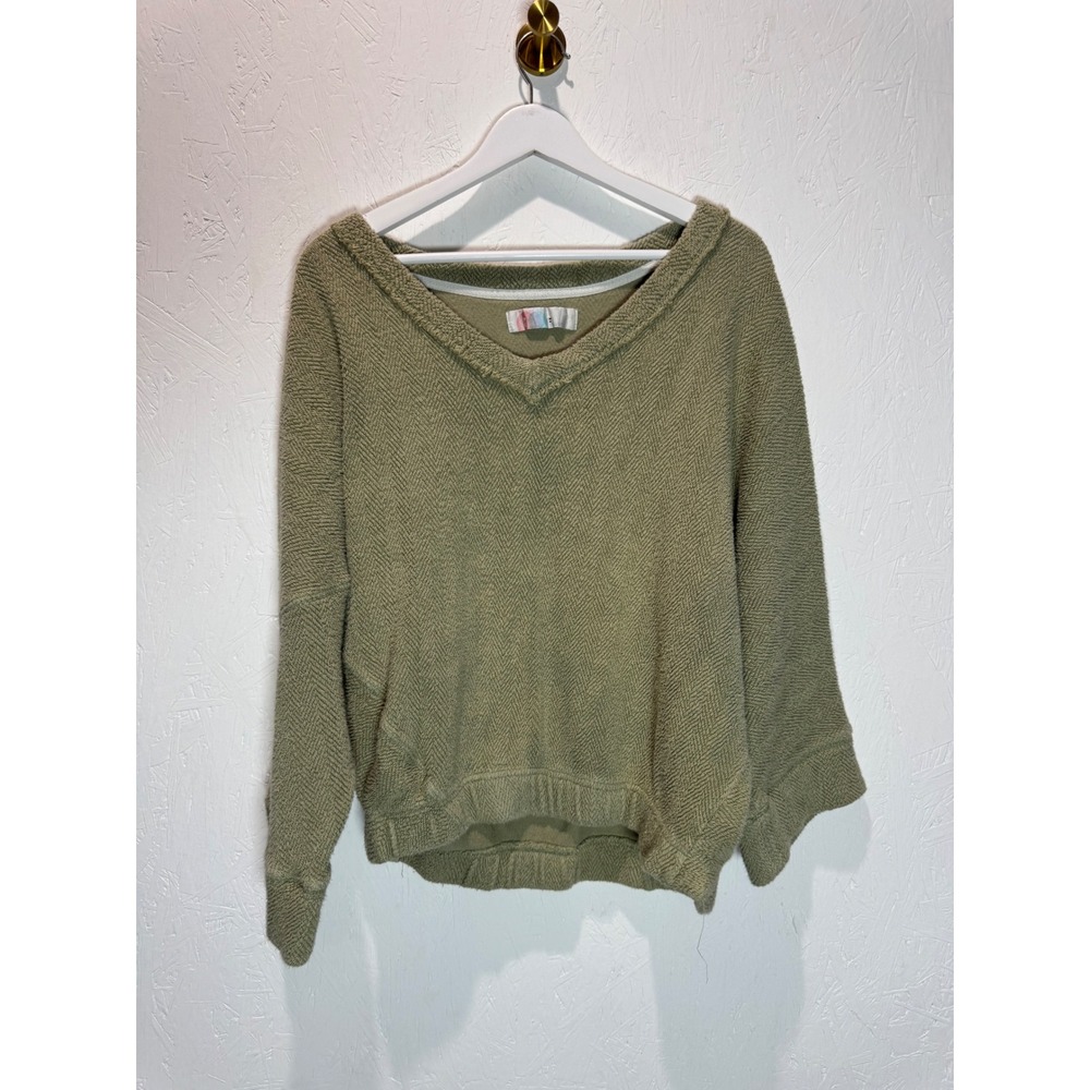 Free People Beach Olive Green Chevron Textured V-Neck Pullover Sweater Womens M